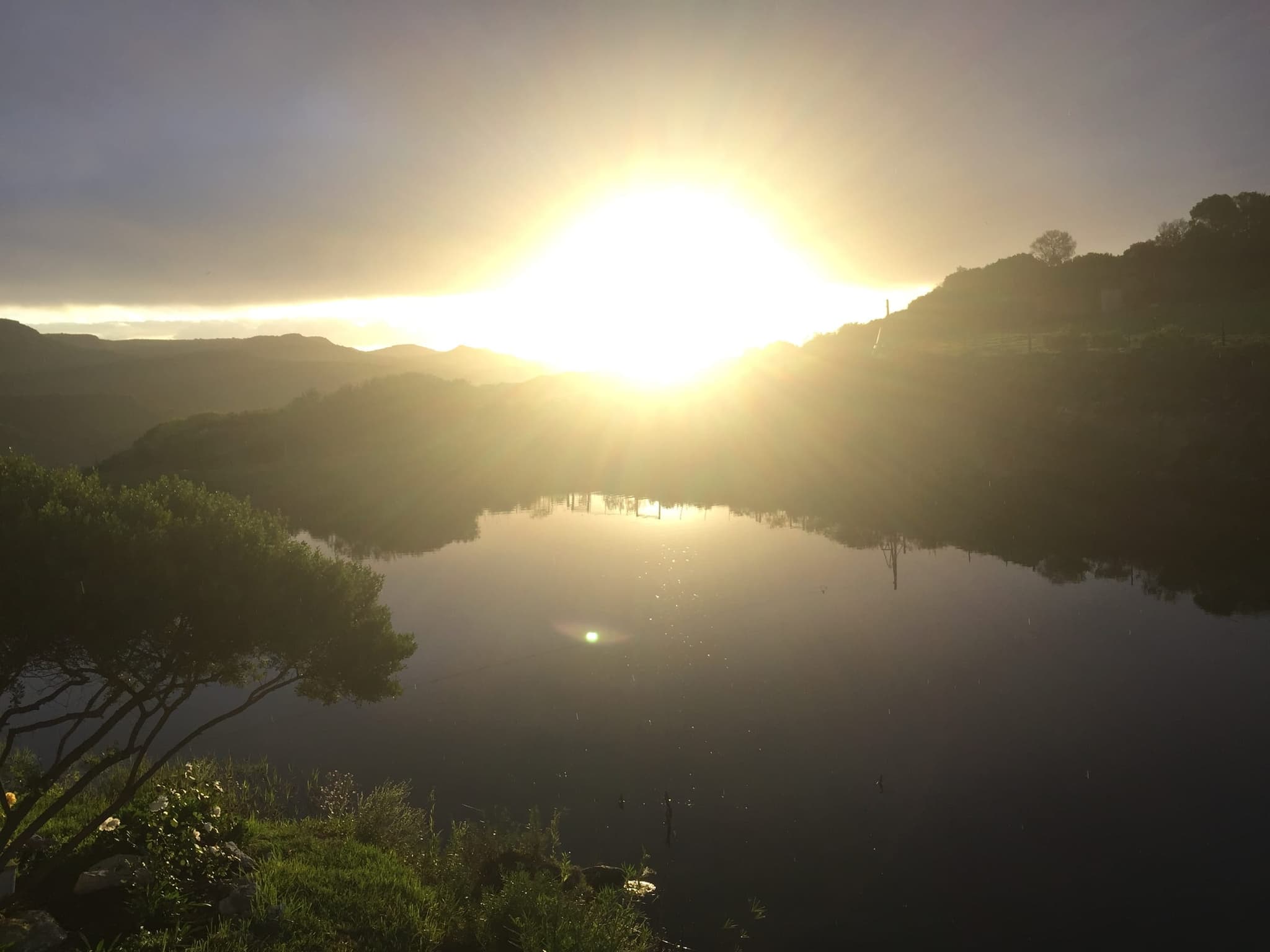 Sunrise over the farm dam, the low sun bright above the hills.