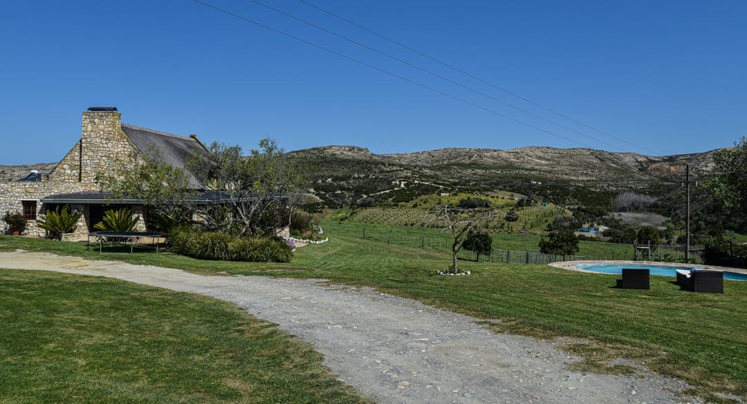 The gravel drive past Stonehouse Lodge and its pool, looking out over the green valley.