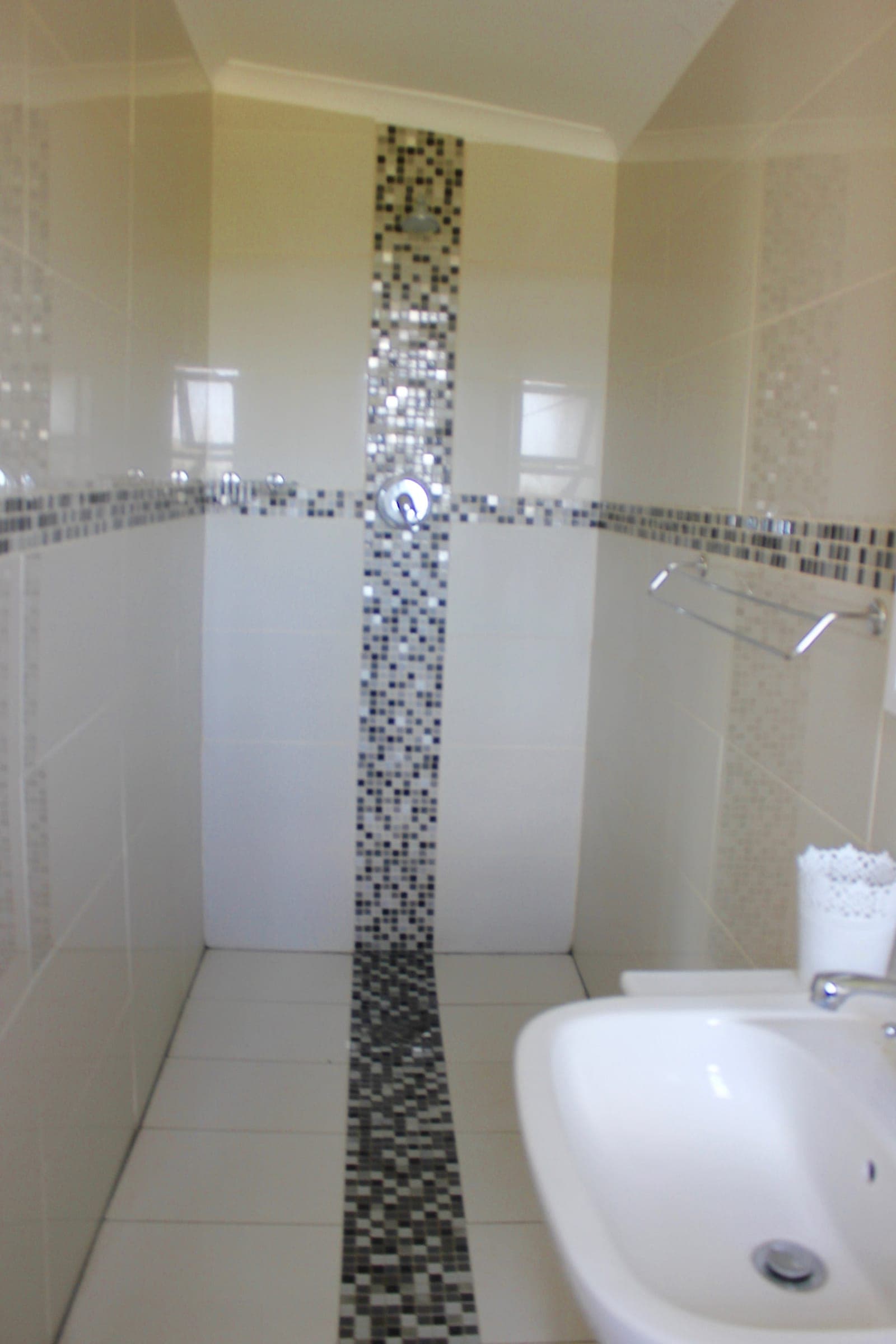 The walk-in shower of the master en-suite at White House Cottage, with a mosaic tile strip.