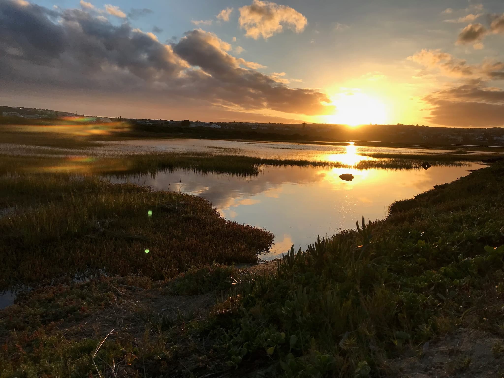 The sun going down over the Goukou estuary wetlands, the channels mirroring a gold sky.