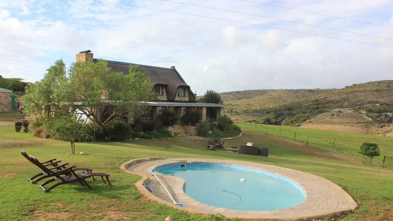 The swimming pool on the lawn below Stonehouse Lodge, with loungers beside it and the hills behind.